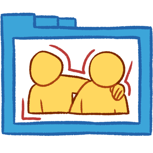 A drawing of a hollow blue folder with thick lines containing two emoji yellow people from the bust up, with one putting their hand on the other's shoulder. There are some pink lines around them.